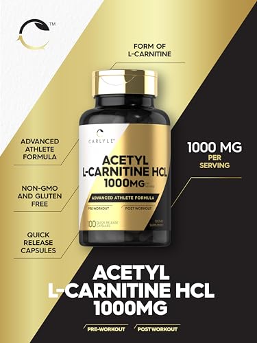 Acetyl L-Carnitine HCL Cápsulas | 1000mg | 100 Unidades | Suplemento Sem OGM e Sem Glúten - Carlyle
