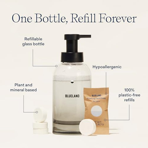 Duo de Sabonete Líquido em Vidro Recarregável – 2 Dispensers de Sabonete Líquido em Espuma de Vidro + 8 Tabletes de Reposição, Diversas Fragrâncias, Rende 8 frascos de 270 ml (2.160 ml no total) - BLUELAND