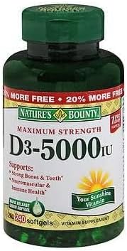 Nature's Bounty - Nature’s Bounty D3-5000 IU Softgels Máxima Potência – 240 un, Pacote com 2 | Vitamina D3 5000 UI | Saúde Óssea e Imunidade | Marca Nature’s Bounty