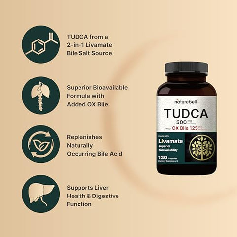 NatureBell - TUDCA 500mg com OX Bile 125mg por Porção, 120 Cápsulas – Suporte de Sais Biliares, Fórmula Livamate de Alta Absorção | Limpeza e Desintoxicação do Fígado