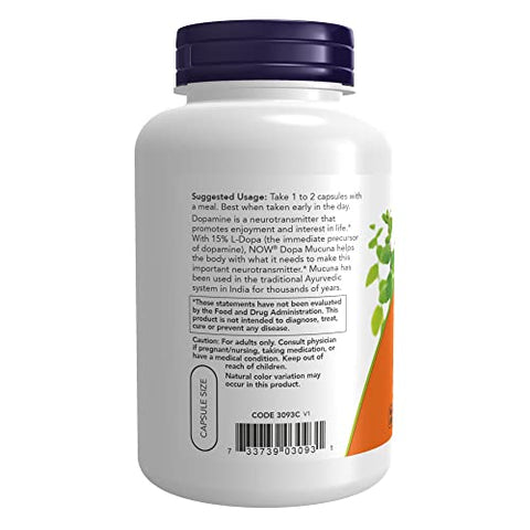 Supplements, DOPA Mucuna: Extrato Padronizado de Mucuna com 15%% Natural de L-Dopa, 180 Cápsulas Vegetais - NOW Foods