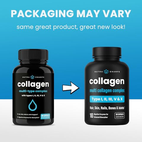 NutraChamps - Pílulas de Colágeno Multi | Tipos I,II,III,V,X | Pó de Peptídeos de Colágeno Hidrolisado Duplo em Cápsulas | Pele, Cabelo, Unhas e Articulações Saudáveis | Proteína Keto para Mulheres
