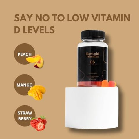 Black Girl Vitamins - Vitaminas Black Girl – Gomas de Vitamina D3, para Imunidade, Energia e Suporte Ósseo, 2000UI (50mcg) por porção, Sem Glúten, (Multi-sabores), 60un