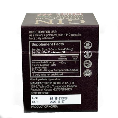 BTGIN - Gin HONGSAM – Ginseng Vermelho Coreano 60 Cápsulas – Suplemento Premium Anti Aging – Energia | Imunidade | Memória para Mulheres e Homens 100%% Ginseng Vermelho
