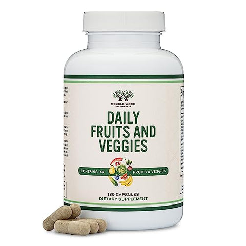 Double Wood Supplements - Suplemento de Frutas e Vegetais (Mistura Diária de 49 Frutas e Vegetais Diferentes, 23 Vegetais e 29 Frutas) 1.500mg por Porção, 180 Cápsulas (Sem Aditivos, Vegano, Não-OGM)