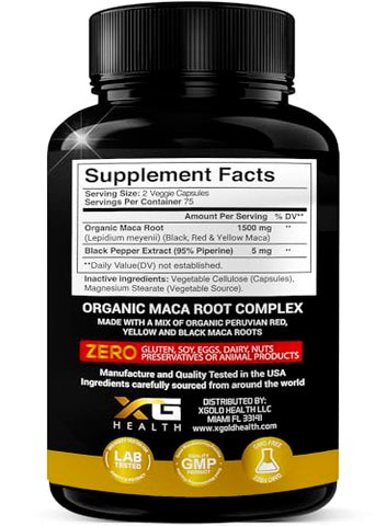X Gold Health - X Gold Saúde Cápsulas de Pó de Raiz de Maca Orgânica 1500mg com Preto | Vermelho | 100g