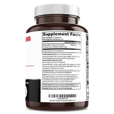 Cápsulas de Fígado de Gado Criado a Pasto Ancient Origins, Suporte à Produção de Energia, Limpeza, Digestão, Imunidade e Bem-Estar Completo do Corpo, Não Transgênico, Suplemento de Suporte ao Fígado Liofilizado, 100% Natural