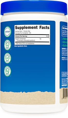 Cordyceps Orgânico em Pó 250g – Certificado Orgânico USDA, Livre de Transgênicos, Sem Glúten - Nutricost