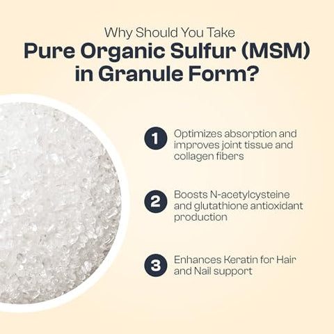 Sulfur Orgânico Puro | Grânulos de MSM 99% Puros para Dor nas Articulações, Inflamação, Energia, Cabelo, Pele e Unhas | Não-OGM, Vegano, Sem Glúten (62 Porções) 2g - My Vida Origins