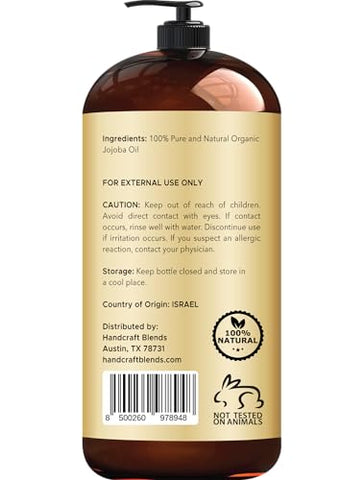 Handcraft Blends - Óleo de Jojoba Orgânico USDA Artesanal – 28 ml – 100% Puro e Natural – Grau Premium para Pele e Cabelo – Óleo Anti-Envelhecimento – Extraído a Frio e Livre de Hexano