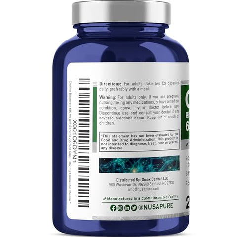 Choline Bitartrate 650 mg – 200 Cápsulas Vegetarianas (Vegano, Livre de Transgênicos) - NusaPure