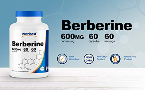 Berberine HCl 600mg – 60 Cápsulas (2 Frascos) – Livre de Glúten, Cápsulas Vegetarianas, Não-OGM - Nutricost