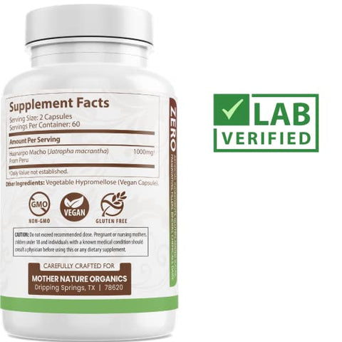 Mother Nature Organics Superfoods for Organic Living - Huanarpo Macho em Cápsulas em Pó – Força Máxima 1000mg (120 Unidades) – Suporte Masculino, Energia