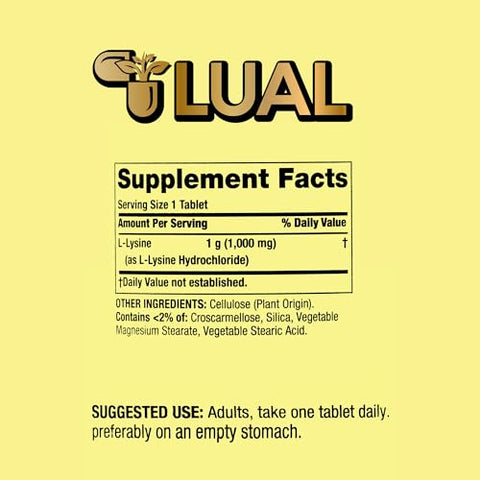 LUAL - Spring Valley L-Lysine 1000mg | L-Lisina | Suplemento de L-Lisina | Suporte Imunológico | 100 Comprimidos + Livro 45 Diabetes Decoded de Lual