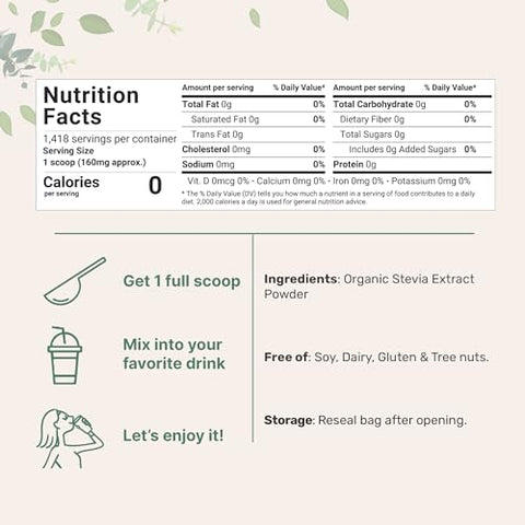 Micro Ingredients - Stevia Orgânica Pura em Pó, 227g, 1418 Porções, Extrato de Folha de Stevia Verde de Alta Qualidade Reb-A, Sabor Amargo Reduzido, Adoçante Natural, Alternativa ao Açúcar, Keto