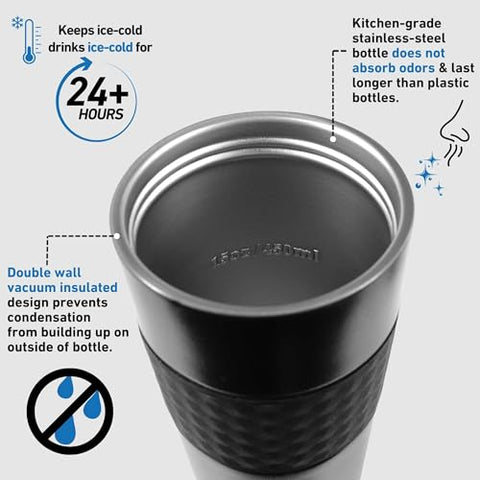 Garrafa Shaker Skinny 20 Oz, Garrafa de Água e Shaker de Proteína em Aço Inoxidável, Visto no Shark Tank, Garrafa de Água Reutilizável em Aço Inoxidável, Garrafa de Água para Academia, Preta - Ice Shaker