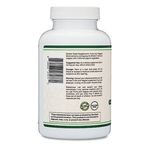 Double Wood Supplements - Suplemento de Frutas e Vegetais (Mistura Diária de 49 Frutas e Vegetais Diferentes, 23 Vegetais e 29 Frutas) 1.500mg por Porção, 180 Cápsulas (Sem Aditivos, Vegano, Não-OGM)