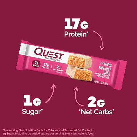 Barra de Proteína Quest Nutrition Crispy Birthday Cake – 17g Proteína, 1g Açúcar, 2g Carboidratos Líquidos, Snack Proteico Sem Glúten, Amigo da Dieta Keto, 12 Unidades