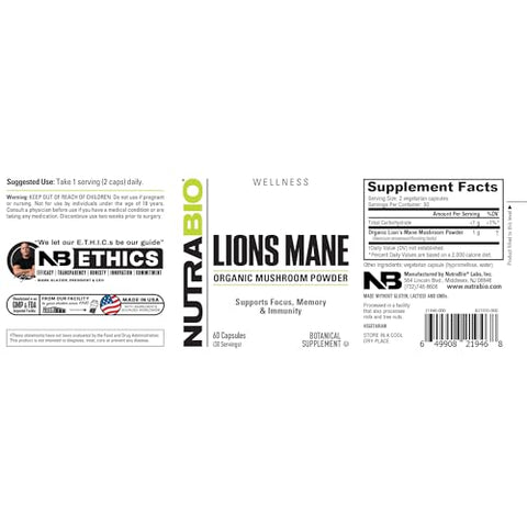 Lion’s Mane – Cápsulas Vegetais de 500mg (60 caps) - NutraBio