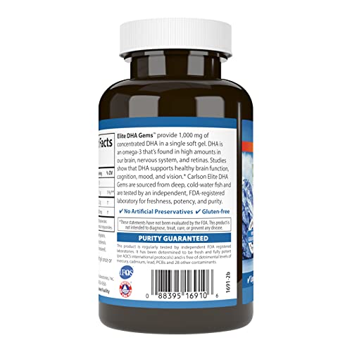 Elite DHA Gems, 1000 mg DHA, Captura Selvagem, Fonte Sustentável, Função Cerebral - Carlson