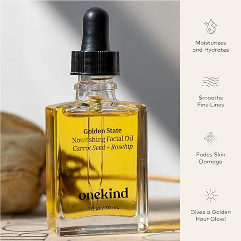 Óleo Facial Nourishing All-Natural Golden State da Onekind, Não Comedogênico, Anti-Envelhecimento com Extrato de Espinheiro Marítimo, Rosa Mosqueta, Semente de Cenoura e Óleo de Damasco para