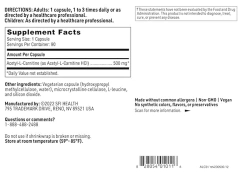 Acetyl-L-Carnitine 500 mg – Suplemento Hipoalergênico de Acetil L-Carnitina – Promove a Saúde Cognitiva - Klaire Labs