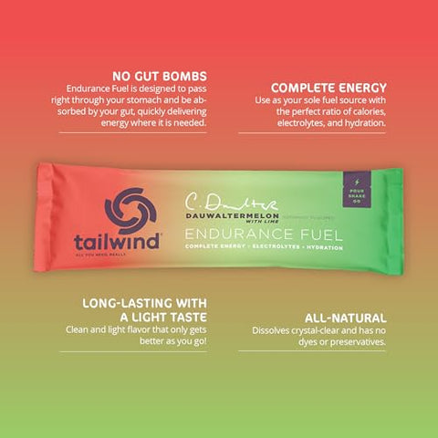 Endurance Fuel: Pó para Bebida Esportiva Pronto para Levar, com Eletrólitos, Livre de Transgênicos, Sem Soja, Laticínios e Glúten, Adequado para Veganos, Sabor Melancia Dauwalter, Pacote com 12 Unidades - Tailwind Nutrition