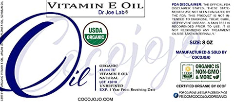 Dr Joe Lab - Óleo de Vitamina E Orgânico Dr. Joe Lab – Certificado USDA 100% Natural, 43.000 UI Não-OGM Vegano Cruelty-Free Para Rosto Pele Cabelo Corpo Unhas Cutículas Beleza – Hidratante Nutritivo