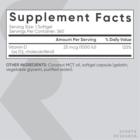 Vitamina D3 1000 UI Sports Research com Óleo de Coco MCT – Suplemento de Alta Potência para o Sistema Imunológico