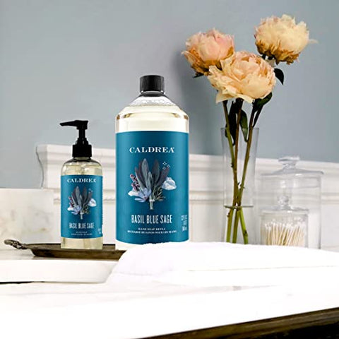 Recarga de Sabonete Líquido Caldrea, Gel de Aloe Vera, Óleo de Oliva e Óleos Essenciais para Limpar e Condicionar, Fragrância Manjericão e Sálvia Azul, 32 ml