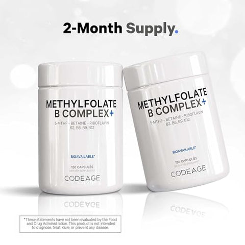 Suplemento Codeage Methylfolate B Complex – 5 MTHF, Methylcobalamin 1000mcg Vitamina B12 Metilada, Riboflavina, Betaína, Vitaminas B6, Ciclo de Metilação MTHFR – 2 Meses – 120 cápsulas