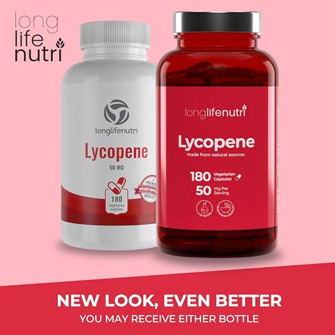 LongLifeNutri - Lycopene 50mg 180 Cápsulas Vegetarianas | Suplemento Saúde | Extrato Natural de Tomate Não-OGM | Pó Puro