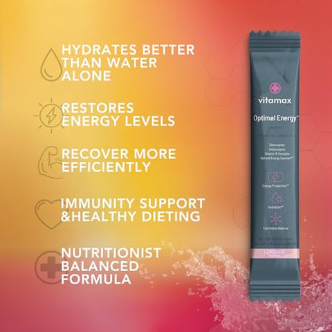 Vitamax Health - Optimal Energy – Limonada – Pó Hidratante para Recuperação sem Açúcar | Complexo de Vitaminas B, Eletrólitos | Mistura para Bebida em Sachês | Fácil de Abrir | Não-OGM | 30 Porções
