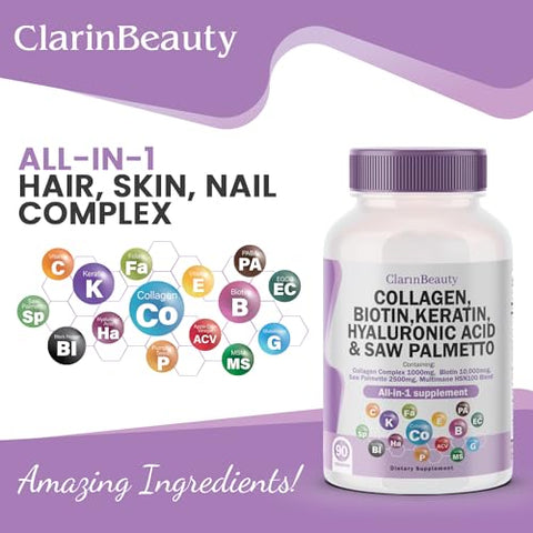 ClarinBeauty - Pílulas de Colágeno 100%% Natural 1000mg Biotina 10000mcg Queratina Saw Palmetto 2500mg Ácido Hialurônico