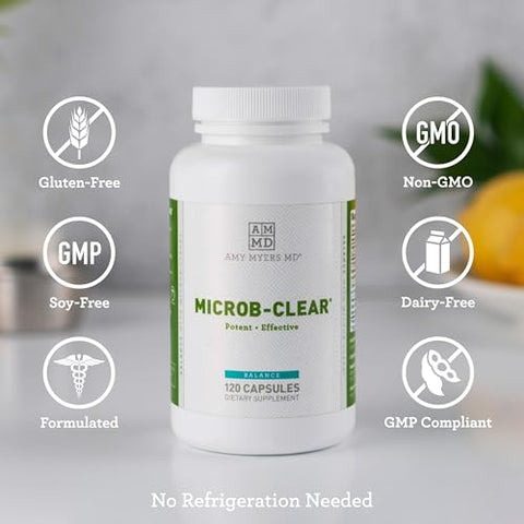 Microb-Clear – Suplemento para Saúde Intestinal – Equilíbrio Saudável no Intestino – Reduz Leaky Gut, SIBO, Inchaço, Constipação – Magnésio, Berberina, Ácido Caprílico – 60 cápsulas - Amy Myers MD