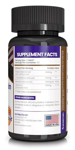 Amerrition - Suplemento Clareador de Pele com Extrato de Semente de Uva, Glutationa, Vitamina B3 e Vitamina C – 60 Comprimidos