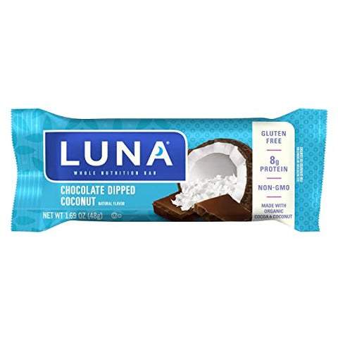 Clif Bar - LUNA BAR – Barras de Lanche sem Glúten – Sabor Coco com Chocolate – 8g de Proteína – Não-OGM – Lanche Saudável à Base de Plantas – Snacks para Levar (Barras de Lanche de 48g, 15 Unidades)