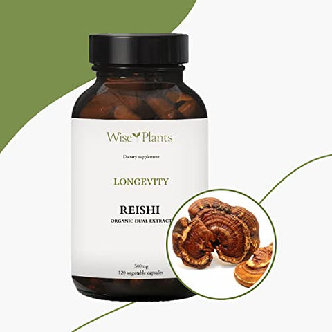 Wise Plants - Suplemento de Cogumelo Reishi. Extrato Duplo, Corpo Frutífero Puro, 30% Polissacarídeos, 500 mg, 120 cápsulas vegetais (Fornecimento de 120 dias). Suporte para Função Imunológica e Hepática Saudável