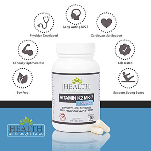 Vitamina K2 MK7 150mcg Health As It Ought To Be | Com Vitamina D | Livre de Soja | Testado para Pureza e Potência | 100 Cápsulas