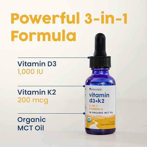 D3K2 Tincture – Vitamina D3 e Vitamina K2 com Óleo MCT Orgânico – 30ml – Bioabsorção Rápida – Multivitamínico para Fortalecimento Ósseo e Saúde Total - NativePath