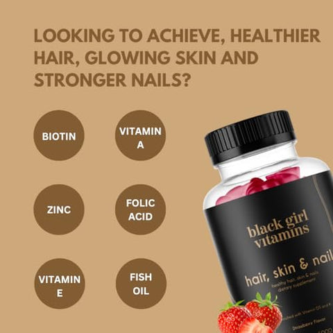 Black Girl Vitamins - Vitaminas para Cabelo, Pele e Unhas Black Girl – Biotina (6000 mcg), Zinco, Sem Gelatina, Vitamina A e Vitamina E – Livre de Glúten. Fabricado nos EUA (Sabor Morango, 60 unidades) 30 gummies