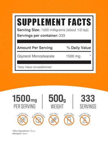 com Glicerol Monostearate em Pó – Suplemento de Glicerol, Fonte de Energia – Grau Alimentício, Sem Glúten, 1500mg por Porção, 500g (1.1 lbs) (Embalagem de 1) - BulkSupplements