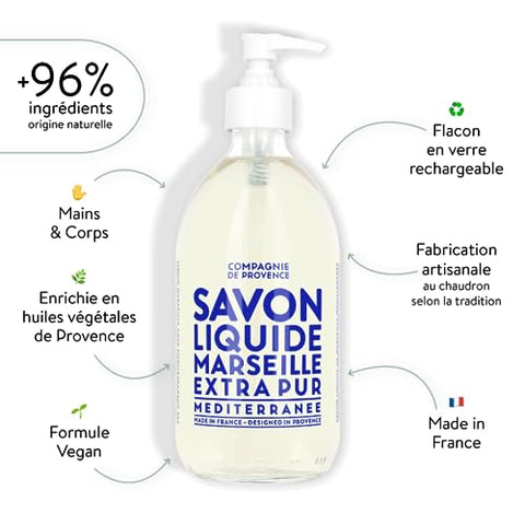 La Compagnie de Provence - Compagnie de Provence Sabonete Líquido Extra Puro de Marseille – Mar Mediterrâneo – Frasco de Vidro com Bomba de 500ml