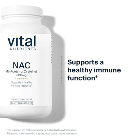 NAC 600mg | N-Acetilcisteína | Suplemento Vegano de NAC | Antioxidante para Saúde Sinusal, Hepática, Imunológica e Respiratória | Livre de Glúten, Laticínios e Soja | 200 Cápsulas - Vital Nutrients