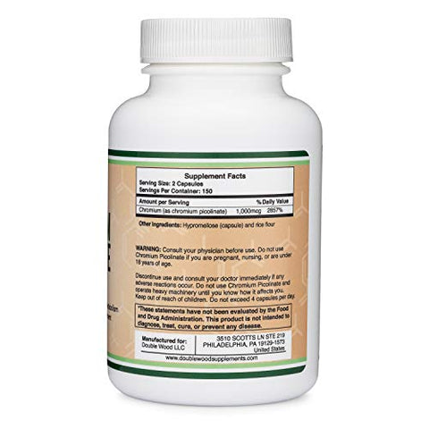Double Wood Supplements - Chromium Picolinate 1000mcg para Gerenciamento Saudável de Peso (Alta Absorção e Bioacessibilidade) – 300 Cápsulas Veganas Seguras, Livre de Transgênicos e Glúten –