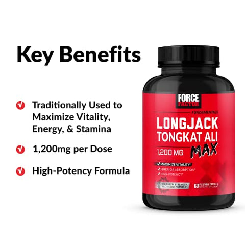 Longjack Tongkat Ali Max para Homens, Suplemento de Resistência e Vitalidade Masculina com Extrato de Tongkat Ali e Ingredientes Naturais Chave para Absorção Superior, 1200mg, 60 cápsulas - Force Factor