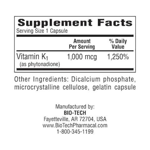 BioTechUSA - Bio-Tech – K1-1000 (Vitamina K-1) 100 Cápsulas | Fortaleça sua saúde com a Vitamina K-1 | Produto de alta qualidade