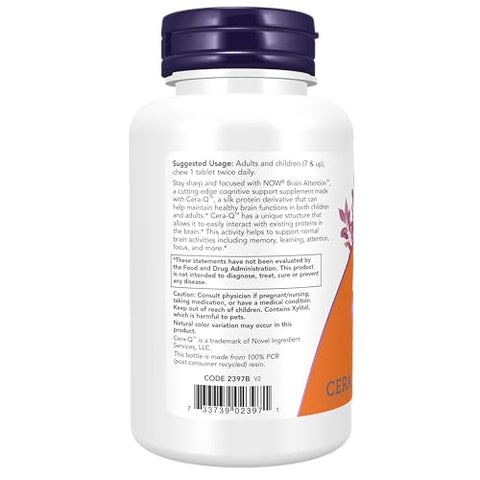 Supplements, Brain Attention™ com Cera-Q™, Função Cognitiva Saudável*, 60 Chewables | Melhore o Foco e a Memória | Marca NOW Foods - NOW Foods