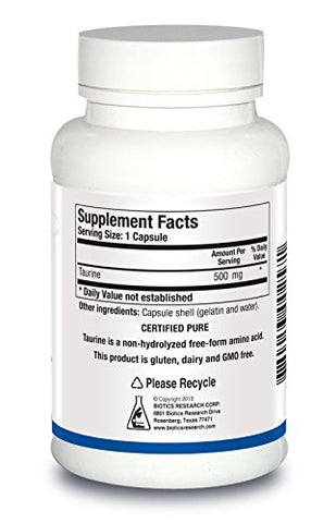 Taurine – 500 mg, Aminoácido, Saúde Cerebral, Saúde Cardiovascular, Antioxidante. 100 Cápsulas - Biotics Research