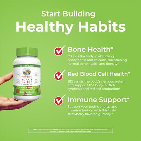 Gomas Veganas de Vitamina D3 e Vitamina B12 | Suprimento de 2 Meses | Suporte à Saúde Óssea | Suplemento de Suporte Imunológico | Suplementos Energéticos | Metil B12 Vegano Não-OGM - MaryRuth Organics